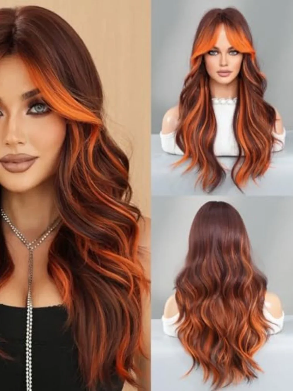 Long Wavy Ombre Orange Brown Wig with Bang 26Inch Bright Ginger Curtain Bangs